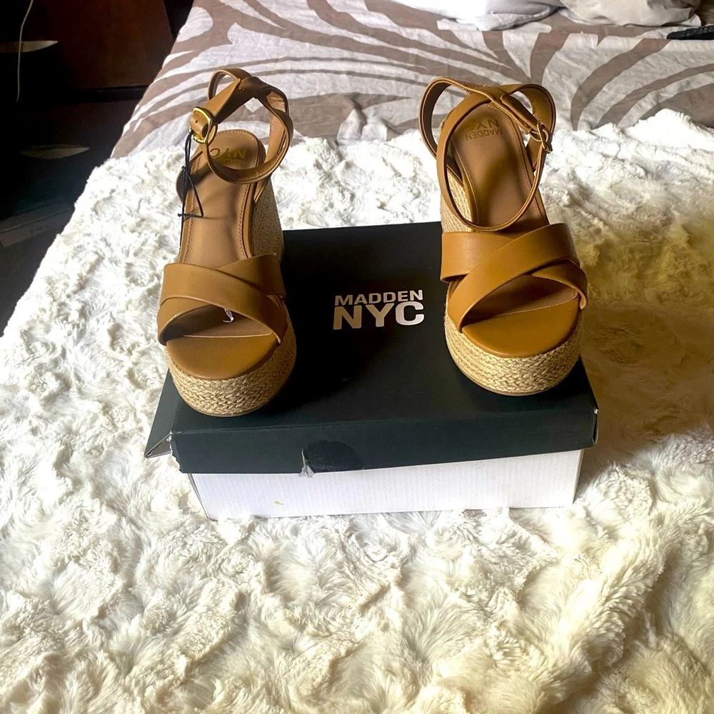 Women’s Tan Wedge Sandals with Ankle Strap